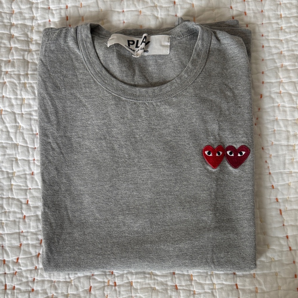 Commes des Garcons Gray T-Shirt with Red Heart Patch